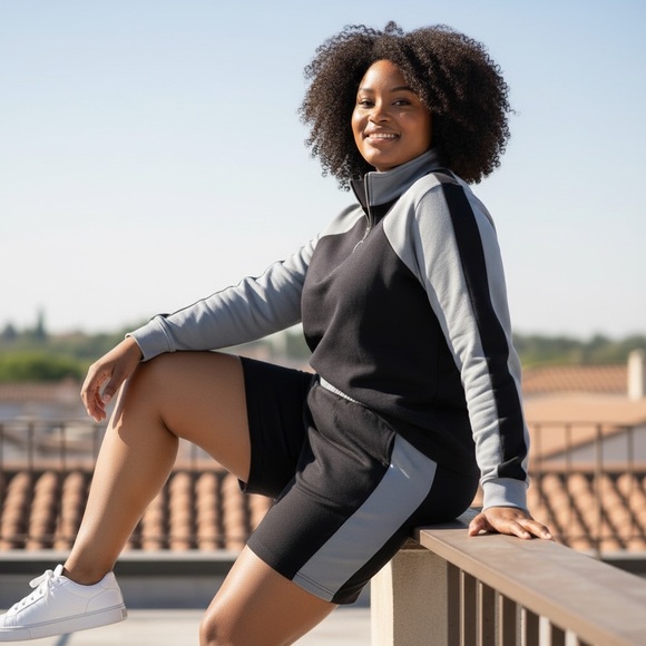 KYOYO 2PC Colorblock Lounge Set Navy Light Blue Long Sleeve Top & Shorts 2XL NWT - Picture 6 of 14